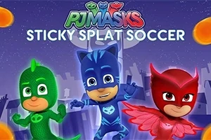 Trzy postacie w kolorowych kostiumach stojące na tle miasta nocą z napisem Sticky Splat Soccer nad nimi