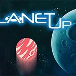 Logo Planet Up z niebieskim napisem na tle kosmicznym z dwoma planetami i różowym cylindrycznym obiektem pośrodku