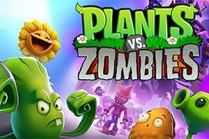Kolorowa ilustracja z uśmiechniętym słonecznikiem, rozzłoszczoną rośliną i zombie na tle dużego napisu