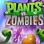 Kolorowa ilustracja z uśmiechniętym słonecznikiem, rozzłoszczoną rośliną i zombie na tle dużego napisu