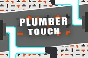 Napis Plumber Touch na szarym tle z niebieskimi rurami i wzorem z pomarańczowych oraz szarych kształtów