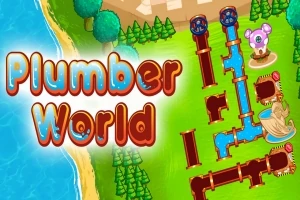 Kolorowa grafika złożona z rurociągu z niebieskimi rurami i terenami zielonymi przy brzegu, z napisem Plumber World