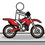 Postać w stylu kreskówkowym jedzie na czerwonym motocyklu terenowym
