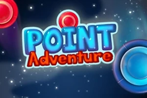 Niebiesko-czerwony napis Point Adventure na tle gwiaździstego nieba z kulistymi elementami po bokach