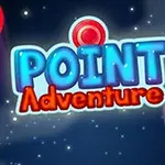 Niebiesko-czerwony napis Point Adventure na tle gwiaździstego nieba z kulistymi elementami po bokach