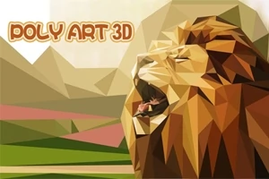 Poligonalny lew ryczący na tle gór z napisem Poly Art 3D
