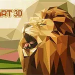 Poligonalny lew ryczący na tle gór z napisem Poly Art 3D