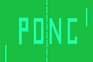 Pong Zielone tło z dużym napisem PONG i pionowymi liniami po bokach oraz przerywaną linią pośrodku
