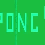 Pong Zielone tło z dużym napisem PONG i pionowymi liniami po bokach oraz przerywaną linią pośrodku