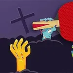 Na obrazku znajdują się kolorowe zniekształcone ręce wyciągające się z ciemnego tła, trzymające dużą paletkę do ping-ponga, w tle krzyż