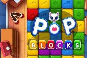 Kolorowe klocki ułożone w rzędach z napisem POP BLOCKS oraz rysunkiem kota na środku