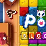 Kolorowe klocki ułożone w rzędach z napisem POP BLOCKS oraz rysunkiem kota na środku