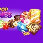 Kolorowe cukierki i słodycze na fioletowym tle z napisem POP-POP CANDIES