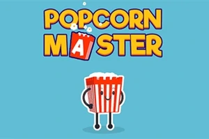 Niebieskie tło z napisem Popcorn Master powyżej uśmiechniętej czerwono-białej postaci kubka popcornu