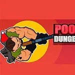 Mężczyzna z bronią w rękach przy żółtym tle, obok napis Poopy Dungeons z uśmiechniętą, niebieską twarzą po prawej stronie na czerwonym tle