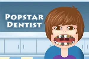 Chłopiec z szeroko otwartymi ustami, pokazujący zęby, na tle napisu Popstar Dentist