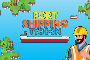 Napis PORT SHIPPING TYCOON na tle stylizowanych map z ilustracją kontenerowca i postaci robotnika w kasku