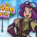 Postać z fioletowymi włosami i goglami na tle zimowego lasu w pobliżu napisu „potion rush”
