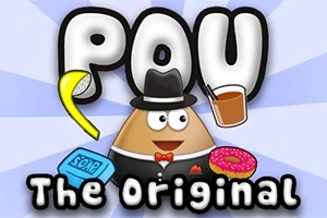 Postać w kapeluszu z muszką otoczona przez banan, mydło, napój i pączka, z napisem Pou The Original