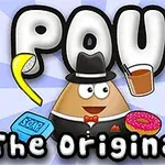 Postać w kapeluszu z muszką otoczona przez banan, mydło, napój i pączka, z napisem Pou The Original