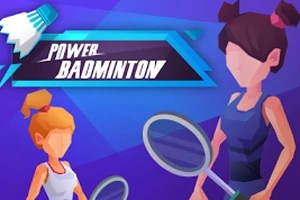 Dwie postacie grające w badmintona, trzymające rakiety, na tle niebiesko-fioletowych odcieni z napisem Power Badminton