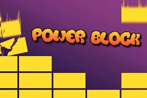 Żółte klocki na tle w kolorze fioletowym z napisem Power Block w ognistej czcionce