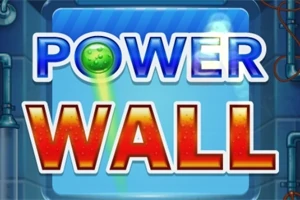 Napis Power Wall na niebieskim tle z elementami technicznymi i zieloną kulką