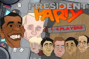 Rysunkowe twarze polityków z napisem President Party i informacją 1-4 players