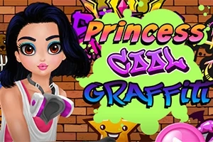 Postać dziewczyny z ciemnymi włosami, maską na szyi, na tle kolorowego graffiti i ceglanej ściany z napisem „Princess Cool Graffiti”