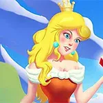 Blondynka w koronie i pomarańczowej sukience trzymająca czerwony klejnot na tle górskiego krajobrazu z niebem