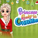 Dwie postacie o długich włosach w świątecznych strojach stoją obok napisu Princess Ready for Christmas na zielonym tle z ozdobami bożonarodzeniowymi