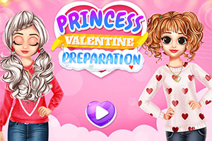 Dwie animowane postacie w kolorowych strojach na różowym tle z napisem Princess Valentine Preparation