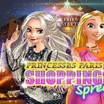 Dwie animowane postacie w eleganckich strojach na tle oświetlonego nocą budynku z napisem Princesses Paris Shopping Spree
