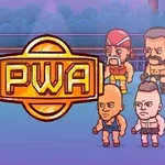 Kilku animowanych postaci w kostiumach z literami PWA na środku, przypominających zapaśników, znajduje się po obu stronach znaku