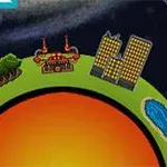 Kolorowa grafika przedstawiająca małą planetę z elementami krajobrazu, takimi jak góry, las, budowle, rzeka oraz budynek przemysłowy w kosmicznej scenerii
