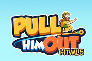 Napis Pull Him Out HTML5 z postacią mężczyzny w kapeluszu i plecaku, na tle błękitnego nieba
