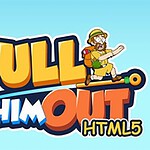 Napis Pull Him Out HTML5 z postacią mężczyzny w kapeluszu i plecaku, na tle błękitnego nieba
