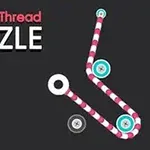 Napis Pull The Thread Puzzle z kolorowym, krętym wzorem nitki i guzikami na ciemnym tle