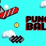 Tekst PUNCH BALL na niebieskim tle z chmurami, monetą i elementami przypominającymi ruchome platformy