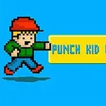Postać w stylu retro z czerwoną czapką i zieloną bluzą wyprowadza cios na żółtym tle z napisem PUNCH KID KNOCKOUT