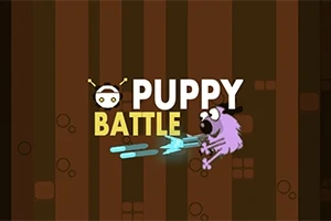 Logo z napisem Puppy Battle oraz fioletowym, kreskówkowym psem w cylindrze, strzelającym niebieskimi pociskami na tle brązowych pasów