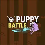 Logo z napisem Puppy Battle oraz fioletowym, kreskówkowym psem w cylindrze, strzelającym niebieskimi pociskami na tle brązowych pasów
