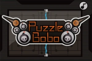 Ciemne tło z centralnym logo zawierającym napis Puzzle Bobo otoczony ikonami symbolizującymi bomby i czaszki