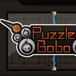 Ciemne tło z centralnym logo zawierającym napis Puzzle Bobo otoczony ikonami symbolizującymi bomby i czaszki