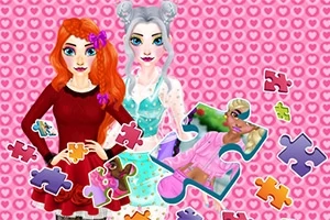 Dwie postacie w kolorowych strojach na tle różowych serc z elementami puzzli wokół nich