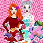 Dwie postacie w kolorowych strojach na tle różowych serc z elementami puzzli wokół nich