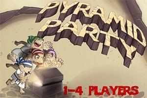 Czterech postaci w egipskich ubiorach otwiera świecący skarb, na tle tytułu Pyramid Party