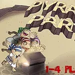 Czterech postaci w egipskich ubiorach otwiera świecący skarb, na tle tytułu Pyramid Party