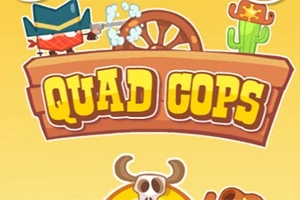 Na jasnym tle znajduje się rysunkowy kowboj strzelający z pistoletu, kaktus w kapeluszu oraz napis Quad Cops w stylu westernowym z kołem powozu i czaszką byka poniżej