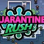 Kolorowy napis Quarantine Rush na tle pikselowej grafiki z postaciami wokół budynku